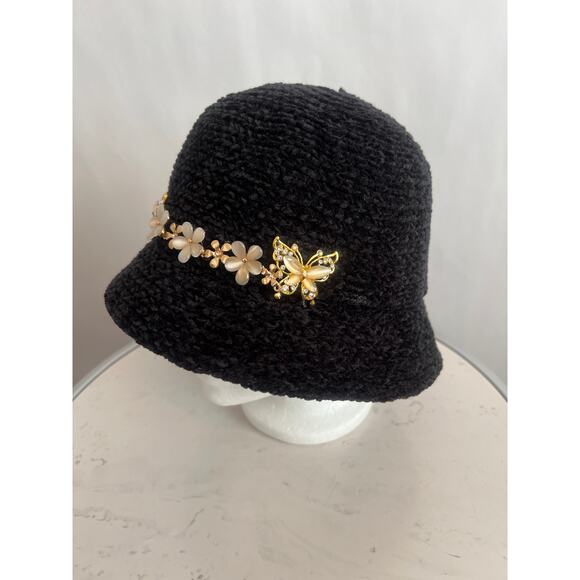 AUGUST HAT COMPANY BLACK W/ GOLD PEARL BUTTERFLY AND FLOWER EMBELLSHMENTS - Picture 3 of 10